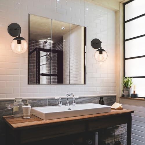 Design House Cyprus Bathroom Medicine Cabinet with Mirror, 25 Inch Recessed or Surface Mount Cabinet, 3 Frameless Mirrored Doors, 2 Shelves, White, Pre-Assembled, 597484 | Adjustable Shelves, Wall Mount, Contemporary/Modern, Wood, Bath, 597484 - size: 25