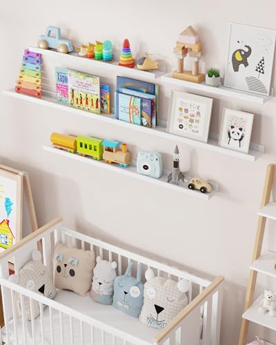 Oak Picture Ledge Shelf, 36 Inch Floating Shelves Set of 2, Solid Oak Wood Wall Shelves with Lip, Wall Decor Storage for Bedroom Living Room Bathroom Kitchen Nursery Photo Picture, White - color: White, size: 36inch