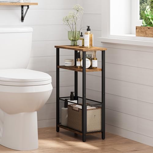 MMEOLUOOK Narrow Side Table with Storage Basket Skinny End Tables for Smalls Spaces 3 Tier Sofa Table Small Nightstand Slim Bedside Table for Living Room Bedroom Rustic Brown MLBZ22RB - color: Rustic Brown