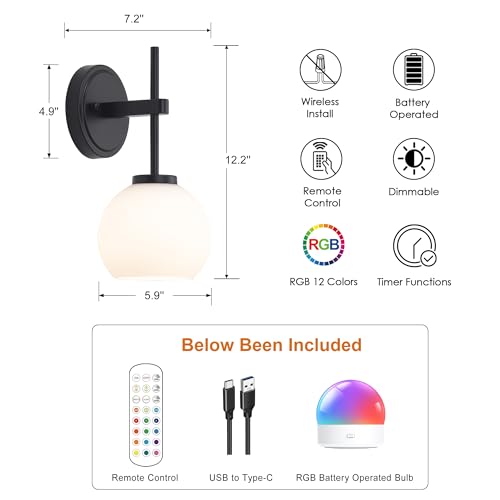 Black Wireless Rechargeable Wall Sconces with Remote Control, Battery Operated Wall Sconce Set of 2, LED Dimmable Wall Lights with Opal White Glass Shade, 12 Colors RGB & 3 CCT Bulb - color: Matte Black & Opal Glass, size: Battery 12 Inch