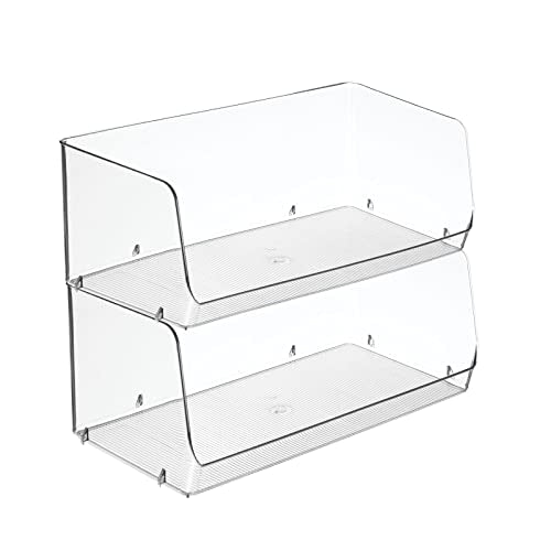 mDesign Modern Stackable Plastic Open Front Dip Extra Large Storage Organizer Bin Basket for Kitchen Organization, Shelf, Cubby, Cabinet, and Pantry Organizing Decor, Ligne Collection - 2 Pack - Clear