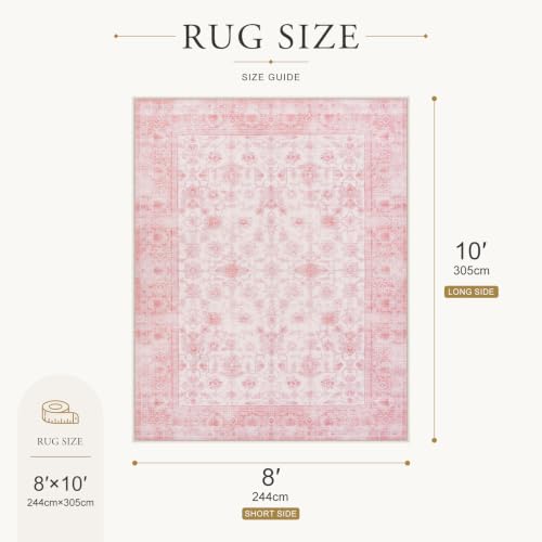 LIVEBOX 8x10 Pink Area Rug for Living Room, Vintage Soft Washable Bedroom Area Rugs, Non-Slip Foldable Floral Rug, Indoor Carpet for Dining Room Nursery Dorm Home Decor - color: Pink, size: 8' x 10' (Rectangular)