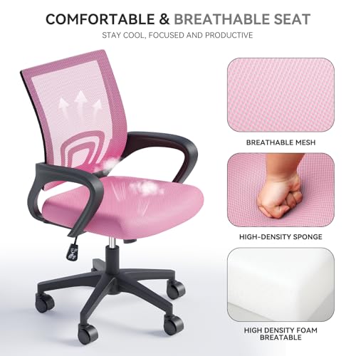 Office Chair, Ergonomic Mid-Back Mesh Desk Chair with Lumbar Support, Adjustable Height Computer Chair with Rolling Wheels Design,Comfy Armrest for Work, Study, Gaming, Pink - color: Pink