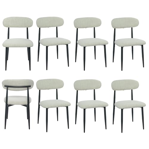 FREKEN Modern Upholstered Dining Chairs Set of 8, Mid-Century Metal Frame Linen Fabric Side Chair for Kitchen Dining Room, 350lbs Capacity, Beige - color: Beige - Black Legs, size: Set of 8