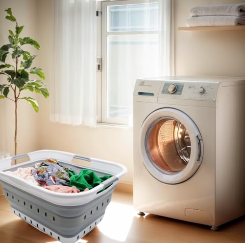 SAMMART 42L (11 gallon) Collapsible Plastic Laundry Basket - Foldable Pop Up Storage Container/Organizer - Space Saving Hamper/Basket (1, White/Grey) - color: White/Grey