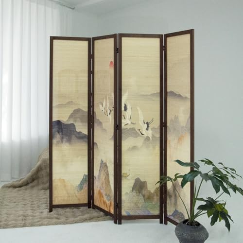 4 Panel Bamboo Room Divider, Versatile Folding Privacy Screen | Double-Sided Colorful Landscape Pattern, 5.6 ft Bamboo Divider Panel, Divider for Room Separation, Decorative Folding Screen - color: Colorful Landscape, size: 4 Panel