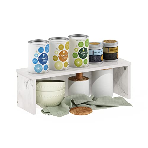 18-Inch Wide Counter Shelves, Stackable Organizer Shelf, Easy Assembly Spice Rack, Kitchen Countertop Organizer for Pantry, Kitchen, Coffee Bar, Marble White - size: 18-Inch