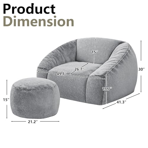 Bean Bag Chairs with Ottoman for Adults, Comfy Beanbag Chair with High-Resilience Foam, Oversized Bean Bag Sofa with Soft Faux Fur Fabric, Bean Bag Chair for Living Room,Bedroom,Light Grey - color: Light Grey W/Ottoman
