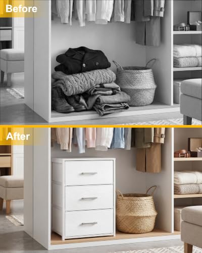 Fixwal Closet Drawers for Clothes, 1 Pack, 3 Drawers Dresser, 15.7" Wide | height 23.6", 3 fabric storage drawers, wooden top, white, spacious storage, dresser for bedroom - size: 11.8"D x 15.7"W x 23.6"H
