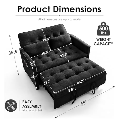 Dreamzie 55'' 3 in 1 Convertible Sofa Bed with USB Charging Ports, Pull Out Couch with Adjustable Backrest and Side Pockets, Sleeper Sofa for Living Room, Apartment, RV, Easy Assembly - Black - color: Black
