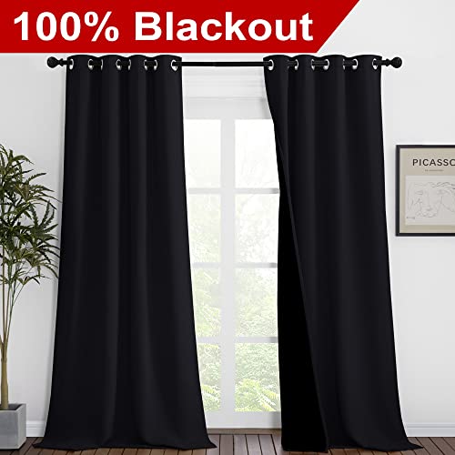 NICETOWN Extra Long Truly Blackout Drapes for Hall and Villa, 46-inch Width Each Panel, 102-inch Length, Black, 2 Pieces, 100% Blackout Window Curtain Panels with Black Lined for Night Shift Worker - color: Black, size: 46"W x 102"L (Pack of 2)