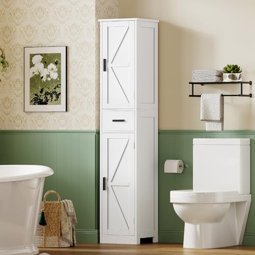 TEENFON 67 Tall Bathroom Cabinet with 6 Shelves & 1 Drawer, Narrow Storage Cabinet with Adjustable Shelves, Silm Cabinet for Living Room, Kitchen, White - color: White-2