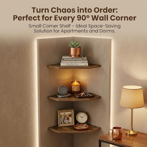 SUYU Set of 3 Floating Corner Shelves, 11.8" Rustic Wood Corner Shelf Wall Mounted, L-Shaped Corner Wall Shelf for Bathroom, Bedroom, Living Room, Kitchen, Office Organizer, Rustic Brown