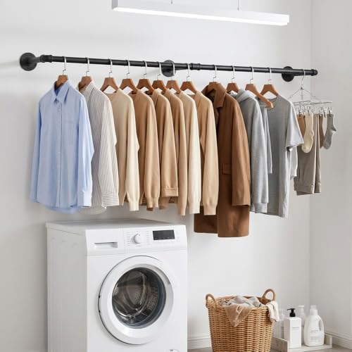 Industrial Iron Pipe Clothes Hanging Bar DIY Wall-Mounted Garment Rack Heavy Duty Clothing Rack for Bedroom, Laundry Room, Closet Storage (Black 50 inch) - color: Black, size: 50 Inch