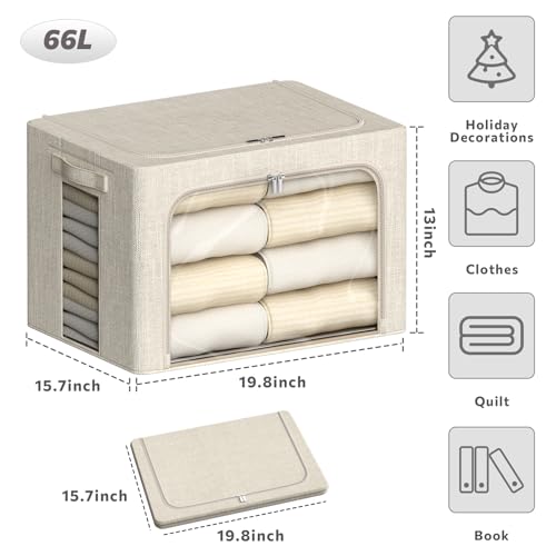 4 Pack Clothes Storage Bins with Metal Frame - 66L Stackable Storage Box with Lid,Foldable Storage Container Organizer for Clothes,Linen Fabric Storage Box with Clear Window&Zippers&Handles - color: Beige, size: 66L