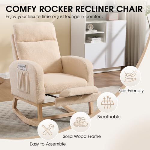 Rocking Chair Nursing, Rocker Chair with Footrest (Cream) | Teddy Boucle Upholstered Accent Reading Chair with High Back & Side Pocket for Living Room Bedroom Nursery Office - color: Cream