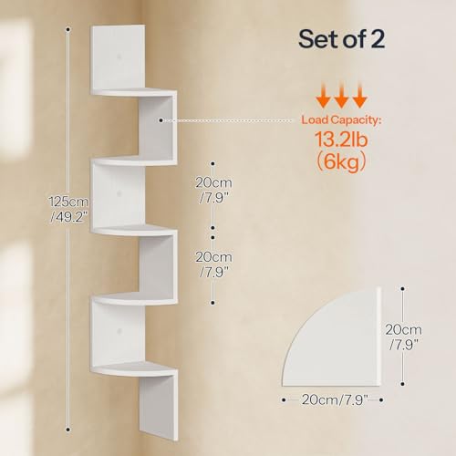 HOOBRO Corner Shelf Wall-Mounted, Set of 2 Floating Corner Shelves for Wall, 5-Tier Corner Bookshelves for Living Room, Bedroom, Bathroom, Home Office, White WT26BJP201 - color: White, size: 49.2 Inches