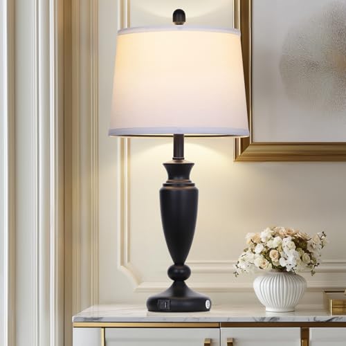 Rinweey 27'' Black Table Lamp Single, 3 Way Touch Control Living Room Lamp with USB A+C Ports, Modern Bedside Lamp, Elegant Metal Nightstand Lamps for Bedroom Office End Table Decoration - color: Black-27"H-1PK