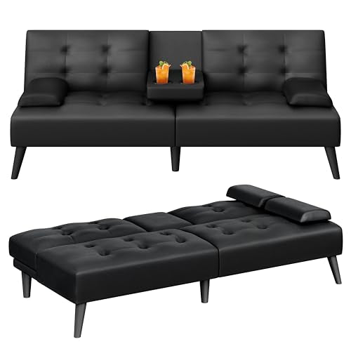 64" Futon Sofa Bed, Small Loveseat with 2 Cup Holders, Small Couch with 3 Adjustable Angles & Removable Armrest, Small Sofa for Small Space (PU Leather, Black)