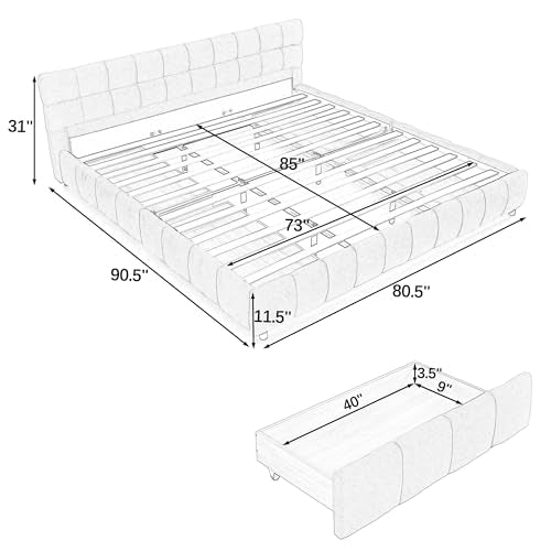 Chenille Upholstered Bed Frame with 4 Storage Drawers, Modern Grounded Platform Bed, Recessed Inset Design, Soft Headboard, No Box Spring Needed (Beige, California King) - color: Beige, size: California King