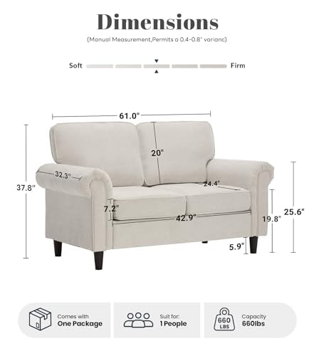 Loveseat 2 Seater Couch, Mid Century Modern Chenille Sofa with Rolled Arms and Deep Seats, Fluffy Comfort for Living Room, Apartment, Easy Assembly, Beige - color: Beige, size: Chenille Loveseat