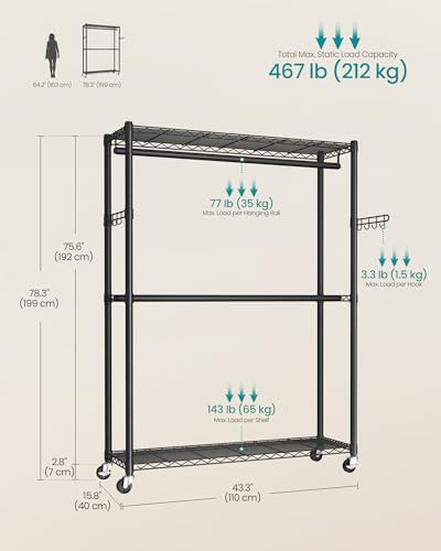 SONGMICS Heavy-Duty Rolling Clothes Rack, Garment Rack, Portable Closet on Wheels, with Adjustable Mesh Shelves and Hanging Rails, Hooks, 15.8 x 43.3 x 78.3 Inches, Ink Black ULGR417BH01 - size: 43.3"W