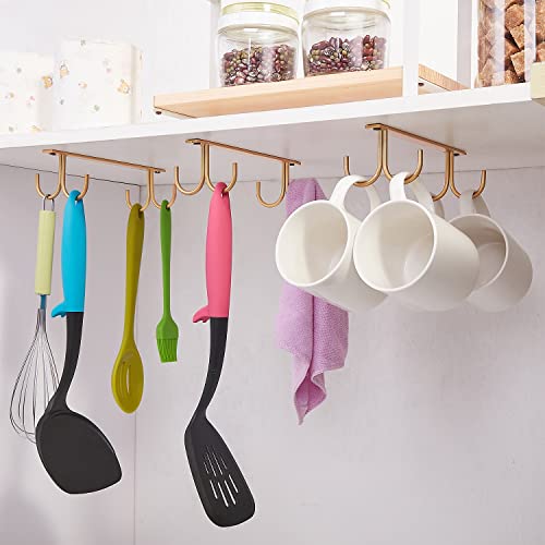 FOMANSH Mug Rack Under Cabinet - Coffee Cup Holder, 12 Mugs Hooks Under Shelf, Display Hanging Cups Drying Hook for Bar Kitchen Utensils Gold - color: Gold, size: 3 Pack