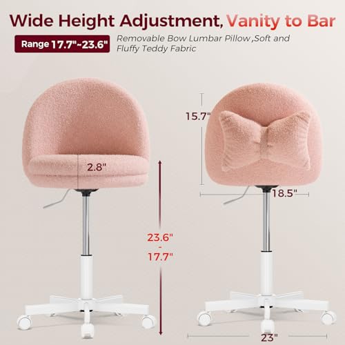 GTPLAYER Velvet Tall Office Chair with Wheels Vanity Chairs with Back, Versatile Height Use: Office to Bar Stools Small Ergonomic Comfy Armlees Computer Desk Chair with Bow Lumbar Pillow for Gift - color: Tv-pink