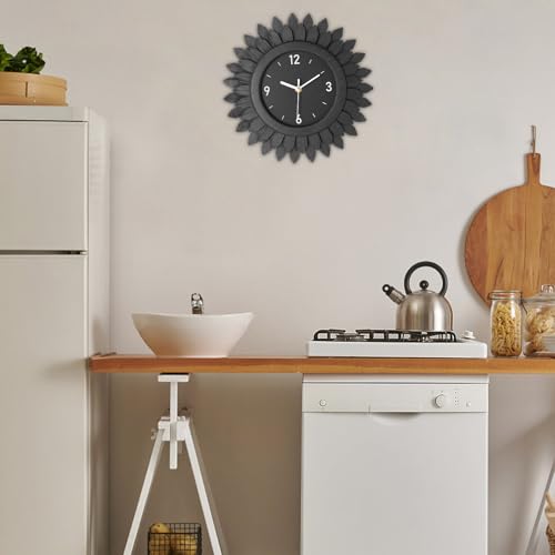 Wall Clock Battery Operated 12 Inch Rustic Wooden Boho Sunburst Decorative Wall Clock Silent Non-Ticking Black Wall Decor Clocks for Living Room Kitchen Bathroom Bedroom (Black) - color: Black, size: 12 Inch
