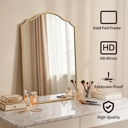 Besdomus Bathroom Mirrors for Over Sink: 24"x36" Gold Wooden Arched Mirror | Modern Minimalist Scalloped Decorative Wall for Vanity/Dresser/Mantel/Bedroom/Entryway/Hallway/Fireplace/Nightstand - color: Gold Leaf, size: 36"L x 24"W