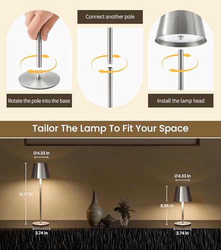 3 Pack Cordless Table Lamp, Portable Battery Operated Lamp with 3 Color Temps and Stepless Dimming, Rechargeable Table Lamp for Dinner, Desk, Cafe, Outdoor (Brushed Silver) - color: Brushed Silver, size: 3 Pack