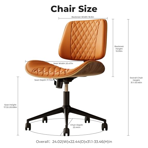 Armless Desk Chair with Wheels, PU Leather Rolling Office Chair, Adjustable Height Mid Back Computer Chair, Ergonomic Walnut Curved Seat, 360° Swivel Home Office Chair for Small Spaces(Half-Orange) - color: Half-orange