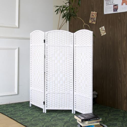 3-Panel Short Room Divider, 3.9 ft Freestanding Partition Wall, Natural White Rattan Double-Sided Folding Screen for Living Room, Bedroom & Corner Privacy - color: White, size: 3 Panel