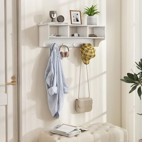 RELAX4LIFE Coat Rack Wall Mount with Shelf, 31’’ Wood Hanging Shelf with Storage, 3 Cubby Compartment & 4 Hooks for Entryway Bathroom Kitchen, Wall Mounted Floating Shelf with Hooks (White) - color: White