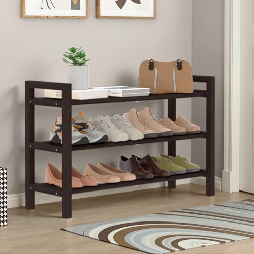 Bamboo Shoe Rack for Closet, Free Standing Shoe Organizer, Brown, 3-Tier | with Smooth Round Rods & Convenient Handles, Stackable Shoe Storage Shelf for Entryway, Hallway - color: Brown, size: 3-Tier_Standard