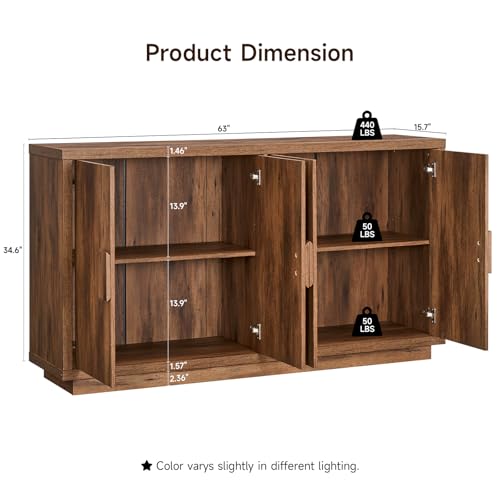 63" Sideboard Buffet Cabinet, Wooden Kitchen Coffee Bar, Brown | 4 Doors & Shelves, Ample Storage, Anti-Tip Fixation Design, Credenza Storage for Living Room, Hallway (63" Wide) - color: Brown