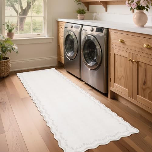 GarveeHome 2.5x8 Scalloped Washable Runner Rug Non Slip Hallway Kitchen Rug | Soft Long Hall Runner Beige Entryway Rug Farmhouse Thin Laundry Mat Stain Resistant Carpet for Bathroom Beside Rug - color: Beige, size: 2'6" x 8' (Rectangular)