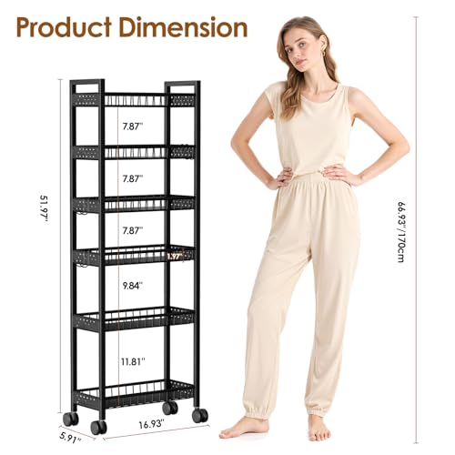 6 Tier Slim Storage Cart, Narrow Rolling Cart with Wheels, 6in(W) | Narrow Mobile Utility Shelf Unit Organizer for Kitchen, Bathroom, Laundry Room, Living Room, Small Places, Black - color: Black, size: 6 Tier(6 in)