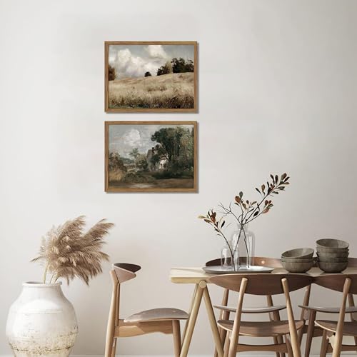 Framed Vintage Landscape Wall Art Set of 2, Rustic Farmhouse Field Canvas Wall Decor Paintings, Retro Nature Country Artwork Prints Pictures for Living Room Bedroom Home Decor 16x24 Inch - color: Vintage Landscape, size: 24"L x 16"W