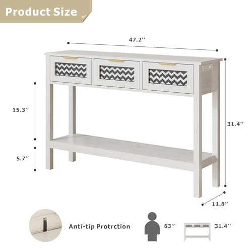 KIGOTY 47" Wood Entryway Table Narrow Console Table with Storage Behind Couch Sofa Table with Drawers, 2-Tier Fluted Entrance Sofa Tables with Outlets for Hallway (White) - color: White-black, size: Wave Fluted