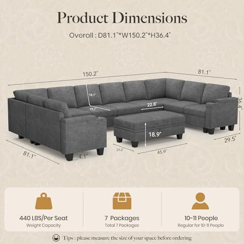 Belffin Oversized U Shaped Modular Sectional Couches for Living Room 10 Seater Modular Sofa Set with Storage Ottoman Large Sectional Couch with Cup Holder. Light Grey Sofa - color: Light Grey, size: 10-seater sofa