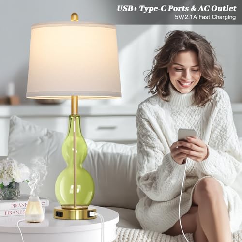 Rinweey 27.5" Green Glass Double Gourd Table Lamp Set of 2,3-Way Dimmable Touch Control Bedside Lamps with USB Ports and AC Outlet, Nautical Nightstand Lamps for Bedroom Living Room - color: Green