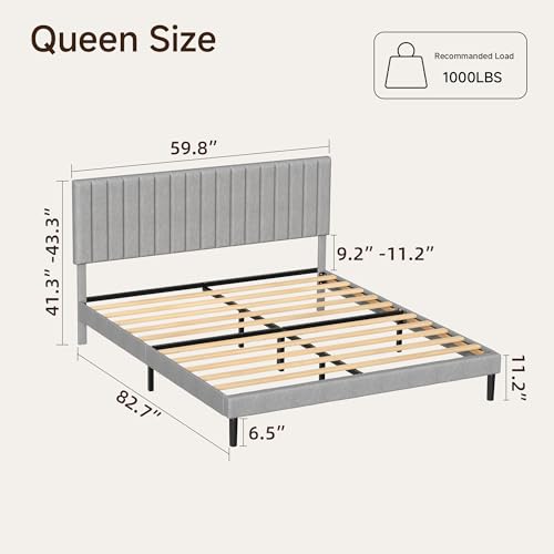 Queen Linen Bed Frame with Vertical Channel Tufted Headboard Light Grey | Upholstered Platform Bed, No Box Spring Needed, Noise-Free, Strong Wooden Slat, Durable Metal Frame, Easy Assembly - color: Light Grey, size: Queen