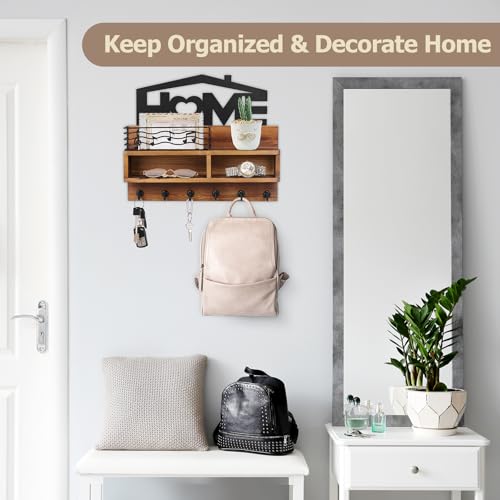VIS'V Key Holder Wall Mount, Decorative Wood Mail and Key Organizer, Brown | Contains Iron Storage Basket, Small Shelf, 2 Compartments, 6 Hooks, for Entryway, Hallway, Doorway, Kitchen, Garage, RV - color: Brown