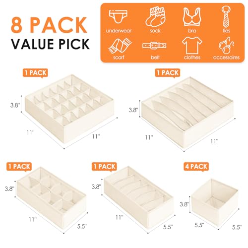Drawer Organizer Clothes, 8 Pack Dresser Organizer Bins for Baby Clothes, Underwear Sock, Fabric Closet Organization and Storage Dividers for Nursery Bedroom (48 Compartments, Beige) - color: Beige, size: 8 Pack