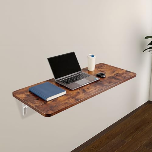 Neoaider Wall Mounted Folding Table 47.2”L x 19.7”W, Brown | Laundry Folding Table with Heavy Duty Metal Collapsible Shelf Brackets, Wall Mounted Desk Fold Down for Small Spaces - color: Brown, size: 47.2" x 19.7"