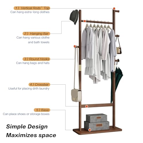 Solid Wood Coat Rack Freestanding, 71" Heavy Duty Clothes Rack with Dual Rods & Hooks, Stable Space Saving Hall Tree Entryway Organizer for Bedroom, Living Room (Walnut) - color: Walnut