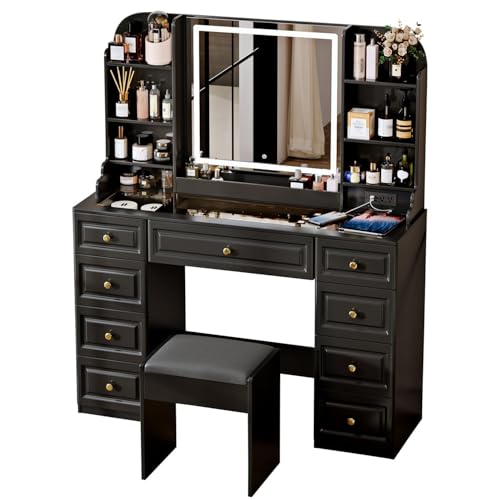 Arulvmrn 43" Makeup Vanity Desk with Mirror and Lights, & Power Outl, Glass Top Big Vanity Table with 9 Drawers& 8 Storage Shelves, Dressing Table Set with Chair for Bedroom, Black - color: Dark