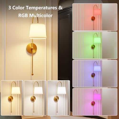 Battery Operated Wall Sconces Set of 2, Rechargeable Wall Sconce | Battery Powered Wireless Wall Lights with Dimmable Magnetic RGB Bulbs & Remote, Lamp for Living Room Bedroom - Gold - color: Gold