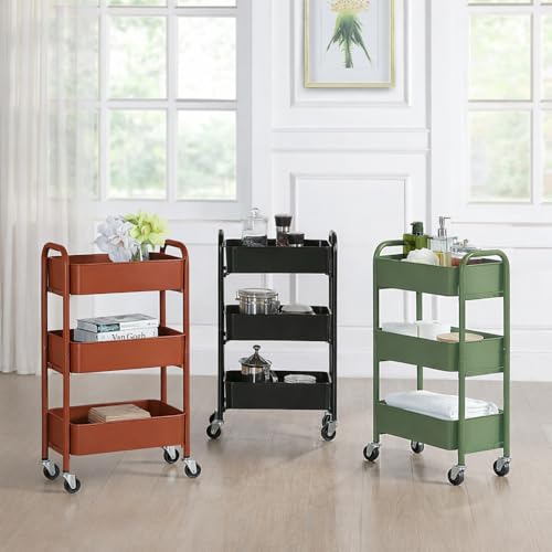 SunnyPoint 3-Tier Delicate Compact Rolling Metal Storage Organizer - Mobile Utility Cart Kitchen/Under Desk Cart with Caster Wheels (RED, 15.35" X 10.24" X 26.8"H) - color: Red